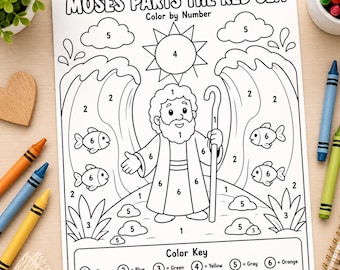 Bible Color by Number Moses Parts the Red Sea | Christian Printable Activity | Sunday School Coloring Page | Kids Bible Lesson