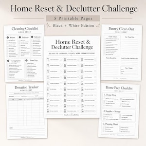 Könnte beinhalten: Ein Set aus fünf schwarz-weißen, druckbaren Seiten mit dem Titel Home Reset & Declutter Challenge. Die Dokumente umfassen einen 30-Tage-Challenge-Kalender, eine Reinigungs-Checkliste, ein Vorratskammer-Blatt, einen Spenden-Tracker und eine Vorbereitungs-Checkliste.