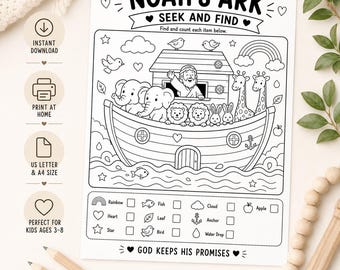 Arche Noah Suchen und Finden Printable | Bibel I Spionage-Aktivität für Kinder | Sonntagsschule Arbeitsblatt | VBS Spiel | Christliche Malseite
