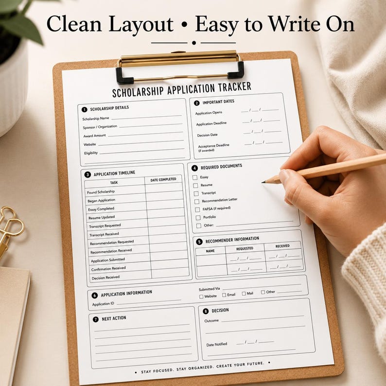 May include: A scholarship application tracker printed on white paper, secured on a brown clipboard with a gold metal clip. The form includes sections for scholarship details, important dates, application timeline, required documents, and recommender information.