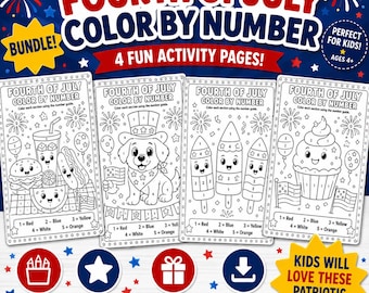7月4日 数字で色塗りセット、愛国的な印刷可能な子供向けアクティビティ、幼稚園児向け夏休みワークシート、教室パーティー用塗り絵ページ