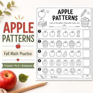 May include: A black and white printable worksheet titled Apple Patterns featuring five rows of sequence exercises with apple-themed illustrations, including whole apples, cores, baskets, slices, and trees, with a blank space for a name at the bottom.