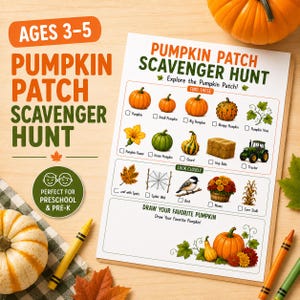 May include: A Pumpkin Patch Scavenger Hunt activity sheet for ages 3-5, featuring illustrations of pumpkins, a tractor, and nature items to find. The white paper includes checkboxes, text labels, and a blank space to draw a favourite pumpkin.