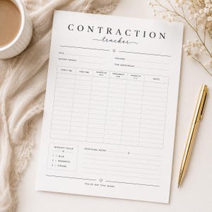Könnte beinhalten: Ein weißes Wehenprotokoll-Formular aus Papier mit schwarzem Text und Linien. Die Überschrift lautet CONTRACTION tracker. Es enthält Felder für Datum, Anbieter, Begleitperson und Beginn der Wehen sowie eine Tabelle für Startzeit, Endzeit, Dauer, Frequenz, Intensität und Notizen, eine Intensitätsskala und den Text YOU'VE GOT THIS, MAMA.