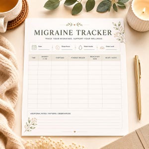 Puede incluir: Una hoja de seguimiento de migrañas en papel blanco con texto negro e ilustraciones de hojas verdes. El encabezado dice MIGRAINE TRACKER y TRACK YOUR MIGRAINES. SUPPORT YOUR WELLNESS. Incluye secciones para fecha, sueño, agua, estrés y una tabla para síntomas.