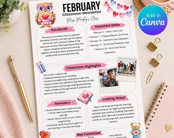 February Classroom Newsletter Template Canva | Editable Teacher Newsletter | Valentine's School Newsletter | Parent Letter