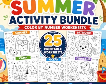 Ultimative Sommeraktivität für Kinder zum Ausdrucken, 25 Arbeitsblätter zum Ausmalen nach Zahlen, Vorschul-Sommer-Lernpaket PDF