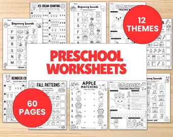 60 Vorschul-Arbeitsblätter | Saisonales Vorschul-Bundle | PDF zum Nachzeichnen, Zählen, Muster & Anfangstöne