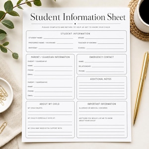 Op de afbeelding: Een wit leerlinginformatieblad met zwarte tekst en lijnen. De secties bevatten leerlinginformatie, ouderinformatie, contactgegevens voor noodgevallen, aanvullende notities, informatie over het kind en belangrijke schoolgegevens.