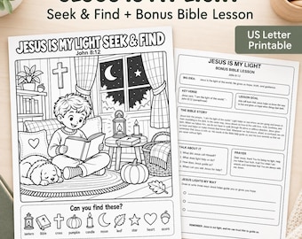 Jesus Is My Light Seek and Find Printable, Christian Halloween Activity for Kids, John 8:12 Sunday School Worksheet, Bonus Bible Lesson