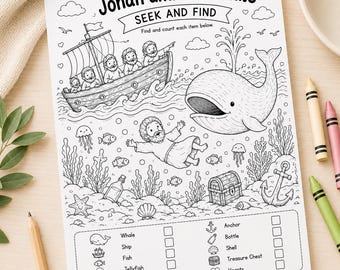 Jonás y la ballena: Actividad imprimible para niños, página de actividades bíblicas, juego para la escuela dominical, hoja de trabajo para la escuela bíblica de verano, niños cristianos.