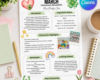 Sjabloon voor de nieuwsbrief van de klas in maart | Bewerkbare Canva-nieuwsbrief voor leerkrachten | Nieuwsbrief voor ouders in het voorjaar | Printbare schoolnieuwsbrief