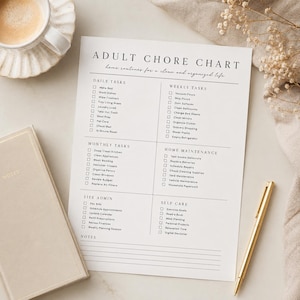 Könnte beinhalten: Ein weißes Papier mit der Überschrift Adult Chore Chart und schwarzem Text, unterteilt in Abschnitte für tägliche, wöchentliche und monatliche Aufgaben, Hausinstandhaltung, Verwaltung und Selbstfürsorge, jeweils mit Kästchen zum Ankreuzen.