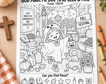 God Made Me BOO-tiful Seek and Find, Christian Halloween Printable for Kids, Psalm 139:14 Sunday School Activity, Bonus Bible Lesson