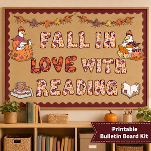 May include: A rectangular bulletin board display featuring the text FALL IN LOVE WITH READING in large letters filled with autumn leaf patterns. The board includes illustrations of geese reading books, stacks of books, and a garland of fall leaves.