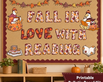 Fall in Love With Reading Bulletin Board Kit, Fall School Library Decor, Reading Corner Classroom Printable, Autumn Librarian Decor
