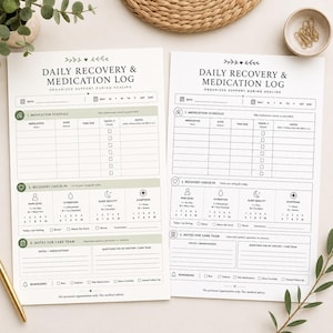 May include: Two white paper Daily Recovery & Medication Log sheets with black text. The sheets include sections for medication schedules, recovery check-ins, and notes for care teams. The top of the sheets have the text "Daily Recovery & Medication Log".