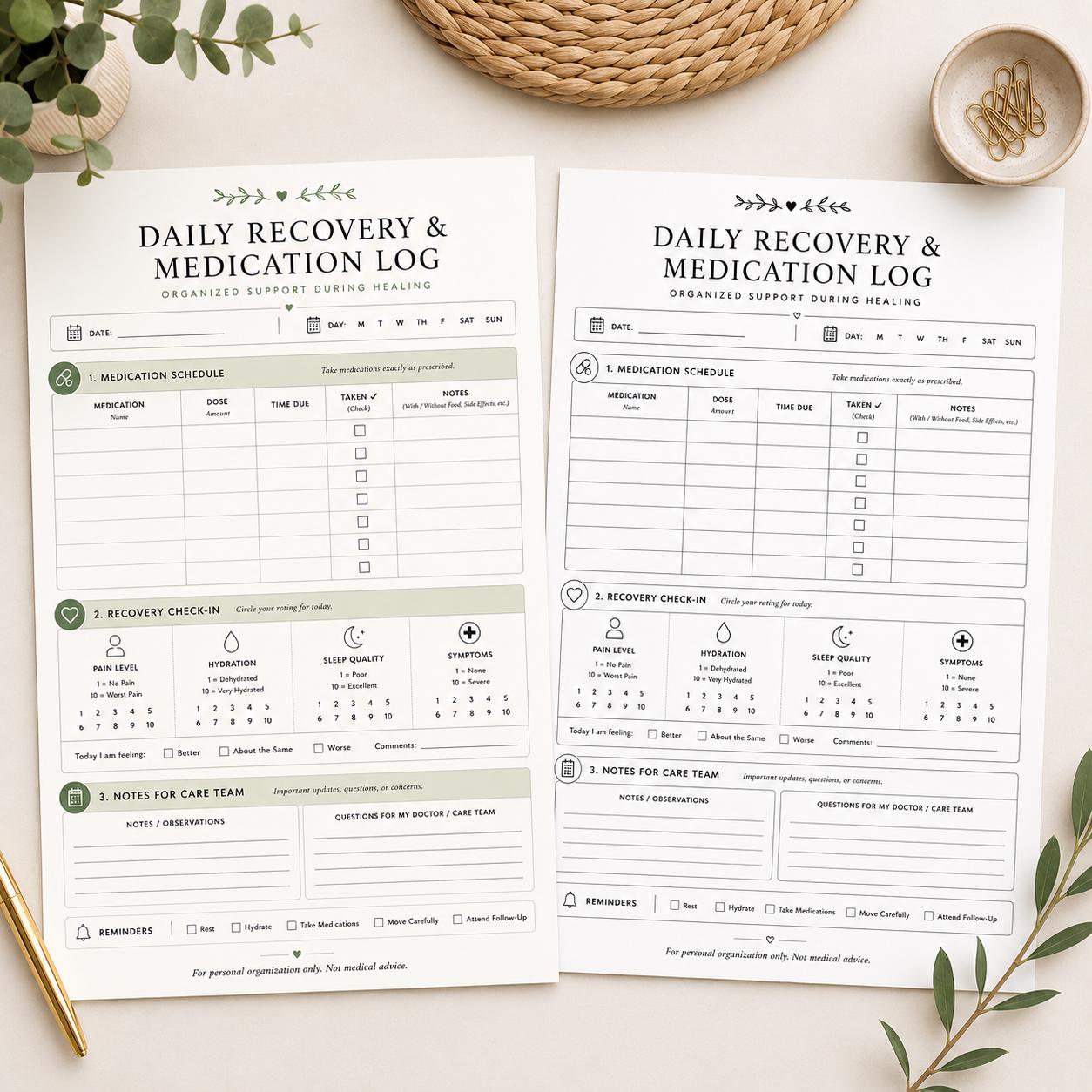 Daily Recovery & Medication Log Printable Post Surgery Medication Tracker Caregiver Medication Schedule Wellness Recovery Planner PDF