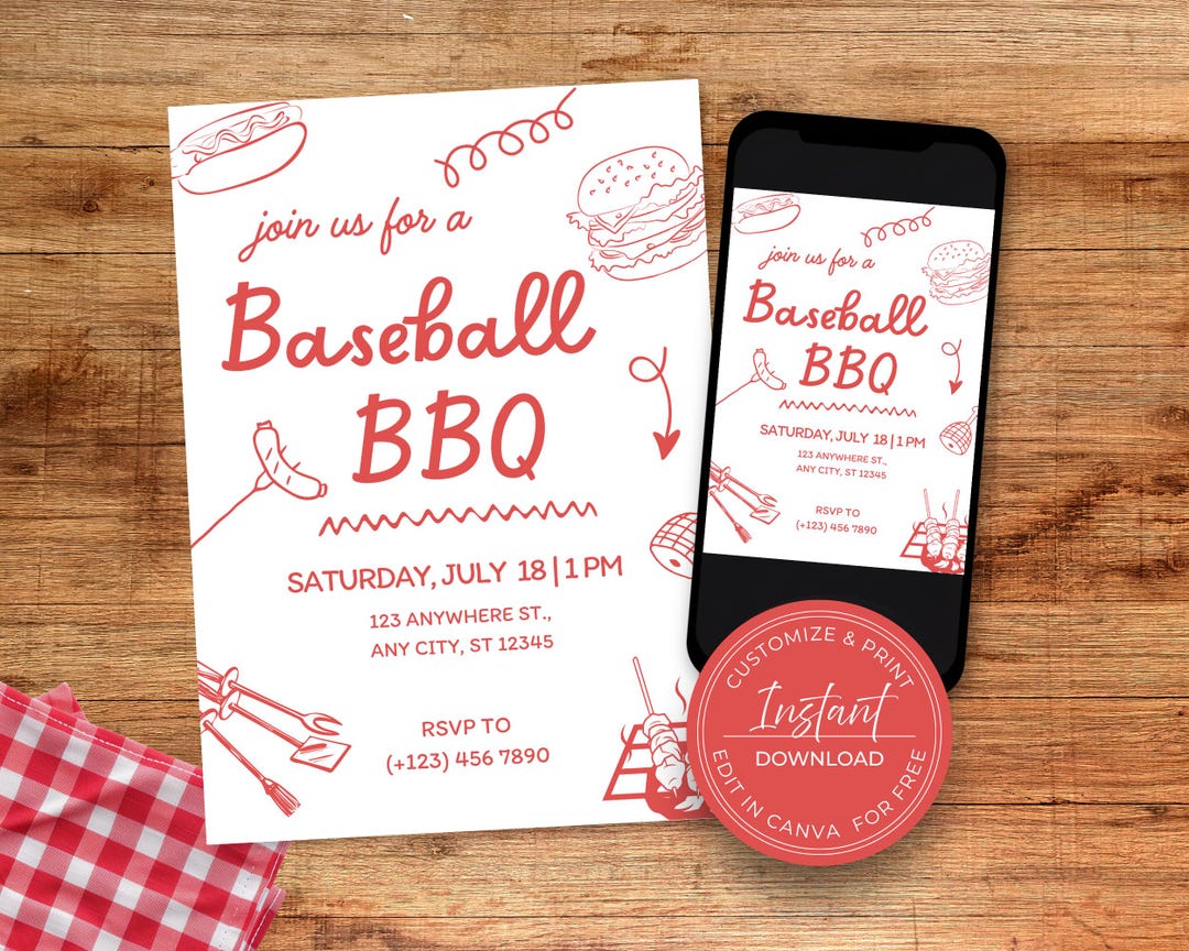 Baseball BBQ Invitation Template, Editable End of Season Team Party ...
