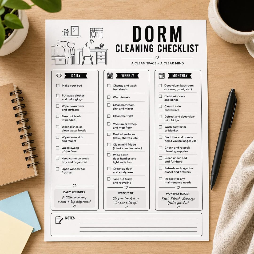 Dorm Cleaning Checklist Printable | College Dorm Cleaning Schedule ...