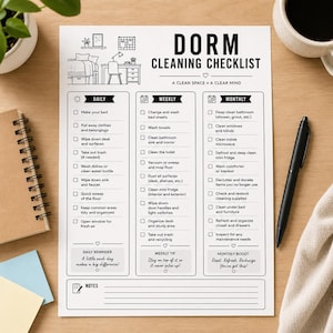 May include: A white paper dorm cleaning checklist with black text and line art illustrations. The document is organized into three columns labeled Daily, Weekly, and Monthly, with checkboxes for tasks, a notes section, and motivational text.