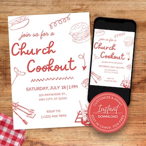 May include: A red and white invitation for a Church Cookout, featuring illustrations of hot dogs and burgers. The invitation includes the date, time, location, and RSVP information. A smartphone displays the same design.