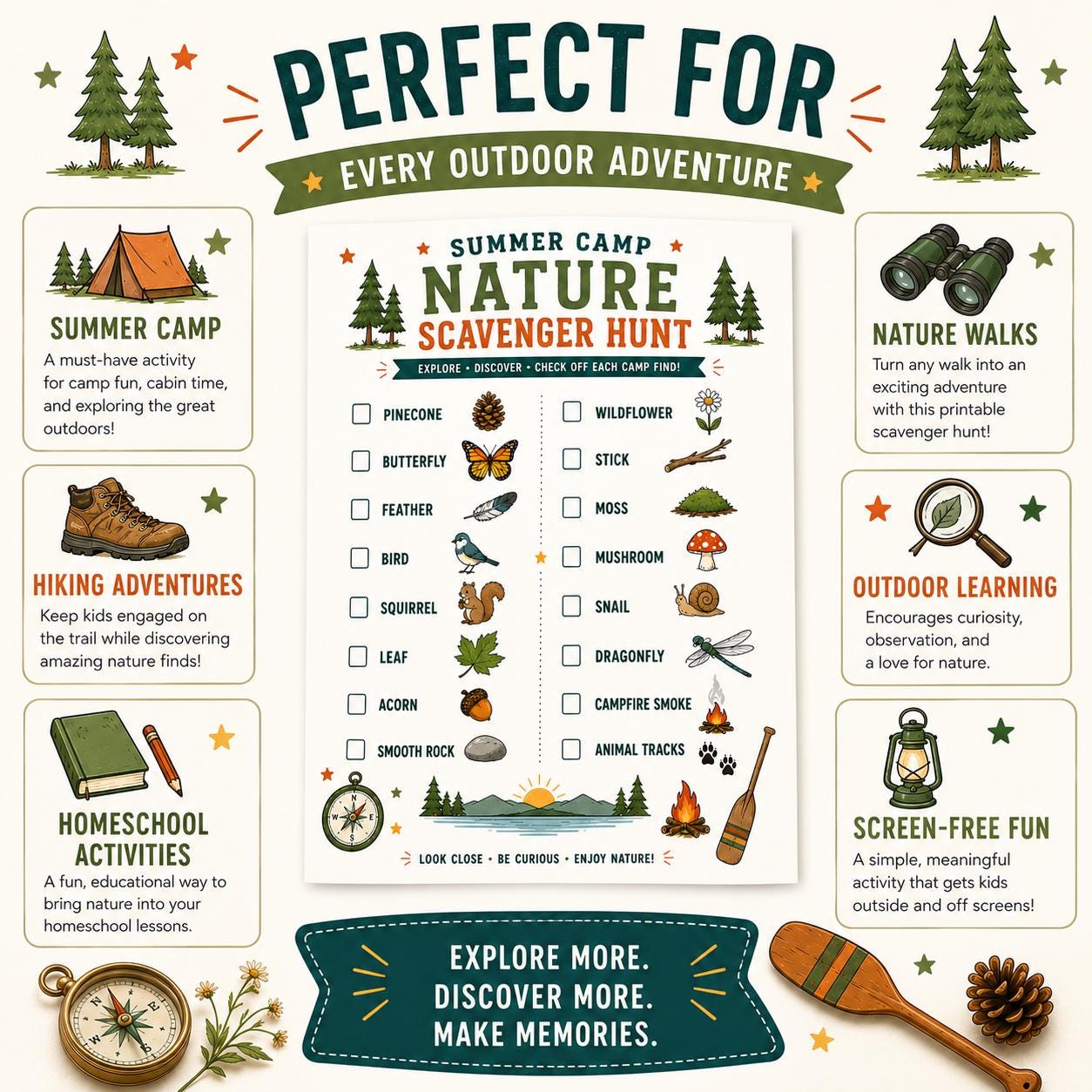 Summer Camp Nature Scavenger Hunt Printable for Kids, Outdoor Activity ...