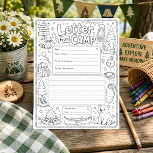 May include: A black and white colouring page titled "Letter From Camp" with illustrations of camping gear, animals, and text fields for writing. The page includes a raccoon, bear, and campfire.