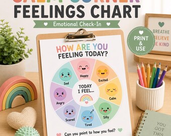 Puede incluir: Un gráfico de sentimientos Calm Corner en un portapapeles con una rueda colorida con ocho caras ilustradas que representan emociones como feliz, emocionado, tranquilo, tonto, cansado, asustado, enojado y triste, con el texto How Are You Feeling Today?