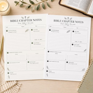 May include: Two-page spread of Bible Chapter Notes with a cross and leaf design. The pages include sections for chapter summary, key verse, main theme, important people and places, and application. The text reads "Bible Chapter Notes, Read Reflect Remember."