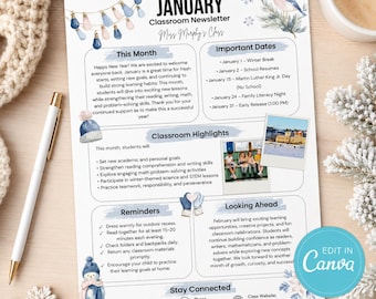 Januar Klassenzimmer Newsletter Vorlage | Bearbeitbarer Lehrer Rundschreiben | Canva Newsletter Vorlage | Elternbrief | Winter-Klassenzimmer