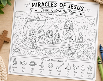 Jesus beruhigt den Sturm, suche & finde Printable | Bibelaktivität für Kinder | Christliche Arbeitsblätter zum Ausmalen | Sonntagsschule PDF | VBS Aktivität