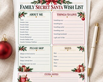 Family Secret Santa Wish List Printable, Christmas Gift Exchange Questionnaire, Holiday Wish List Form, Family Gift Exchange