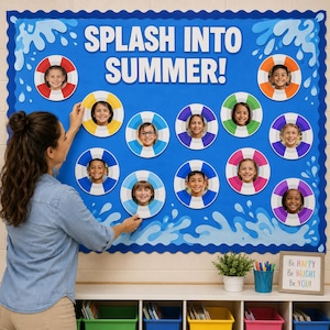 Könnte beinhalten: Eine blaue Pinnwand mit dem Text SPLASH INTO SUMMER!, einem gewellten Rand und Wasser-Grafiken. Zehn kreisförmige Rettungsring-Ausschnitte in verschiedenen Farben enthalten jeweils das Foto eines Kindes.