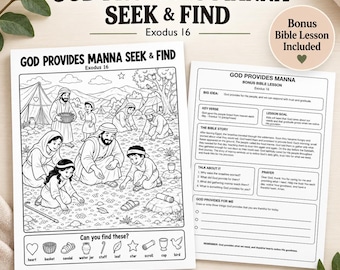 Gott schenkt Manna – Such- und Findespiel (Druckvorlage), Bibelaktivität zu 2. Mose 16 für Kinder, Arbeitsblatt für den Sonntagsschulunterricht, christliche Malvorlage