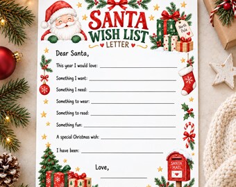 Santa Wish List Printable, Letter to Santa for Kids, Christmas Wish List, Kids Christmas Activity, Preschool Christmas Printable PDF