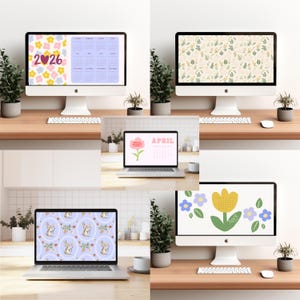 April 2026 Calendar Desktop Wallpaper Bundle, Floral & Bunny Aesthetic Computer Backgrounds, Spring Desktop Organizer, MacBook Wallpaper