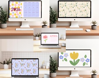April 2026 Calendar Desktop Wallpaper Bundle, Floral & Bunny Aesthetic Computer Backgrounds, Spring Desktop Organizer, MacBook Wallpaper