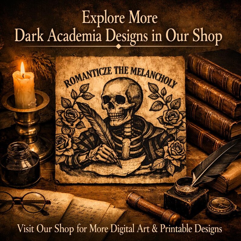 Puede incluir: Imagen con tem&aacute;tica de academia oscura. Presenta una ilustraci&oacute;n de calavera con el texto "ROMANTICIZE THE MELANCHOLY". Otros elementos incluyen una vela encendida, libros y el texto "Explore More Dark Academia Designs in Our Shop" y "Visit Our Shop for More Digital Art & Printable Designs."