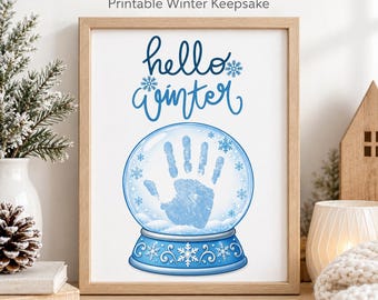 Winter Handprint Art Printable, Hello Winter Snow Globe Craft, Kids Winter Keepsake, Preschool Activity, US Letter PDF