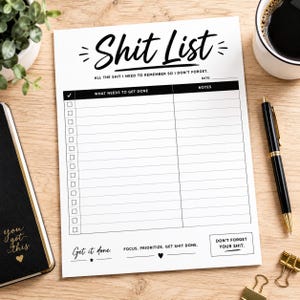 May include: A white paper task planner with black text and lines. The header reads "Shit List" followed by "ALL THE SHIT I NEED TO REMEMBER SO I DON'T FORGET." It includes columns for "WHAT NEEDS TO GET DONE" and "NOTES" with checkboxes and lines.