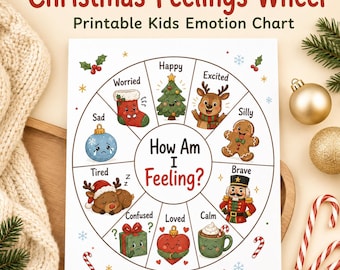 Puede incluir: Un gráfico circular blanco titulado How Am I Feeling? con ilustraciones navideñas para emociones, incluyendo un calcetín para preocupado, un árbol para feliz, un reno para emocionado, un hombre de jengibre para tonto y un cascanueces para valiente.
