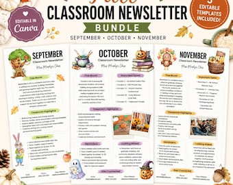 Herbst Klassenzimmer Newsletter Bündel | Bearbeitbare Canva-Vorlagen | September Oktober November Elternbrief | Lehrer Rundbrief
