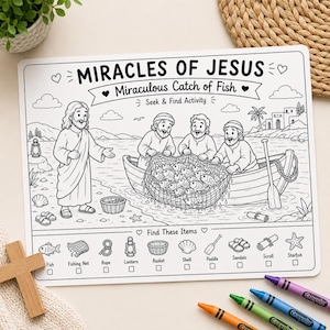 Peut inclure: Tapis d'activité de coloriage en noir et blanc avec le texte "MIRACLES OF JESUS" et "Miraculous Catch of Fish". La scène représente Jésus avec des pêcheurs dans un bateau rempli de poissons. Comprend une "Activité Chercher et Trouver".