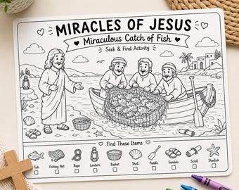 Wunderbarer Fischfang Seek & Find Printable | Bibelaktivität für Kinder | Christliche Arbeitsblätter zum Ausmalen | Sonntagsschule PDF