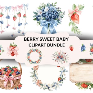 以下が含まれることがあります： イチゴ、ブルーベリー、リボンをあしらった水彩画クリップアートバンドル。ベリーのバスケット、フラワーアレンジメント、装飾要素が含まれています。「Berry Sweet Baby Clipart Bundle」と書かれています。