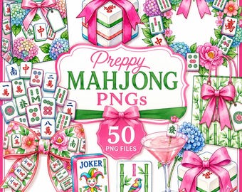 Preppy Mahjong PNG Clipart Bundle | Aquarell Chinoiserie Mahjong Grafiken | Mahjong Bögen, Fliesen, Blumen & Dekor | Sofort Download