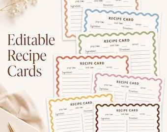 Editable Printable Recipe Cards, 4x6 Recipe Card Template, 7 Colors, Double Sided Personalized Recipe Cards, Canva Template, A4 US Letter