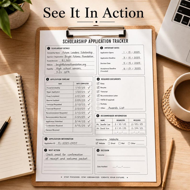 May include: A white paper scholarship application tracker on a brown clipboard with black text and handwritten entries. The document includes sections for scholarship details, important dates, application timeline, required documents, and recommender information.