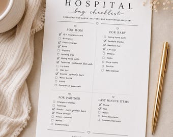 Hospital Bag Checklist Printable | Minimalist Maternity Hospital Packing List PDF | Labor & Delivery Essentials | Pregnancy Planner
